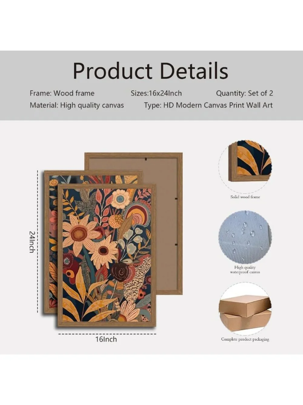 Set of 2 Orange Floral Canvas Wall Art - Bohemian Mid Century Decor for Home